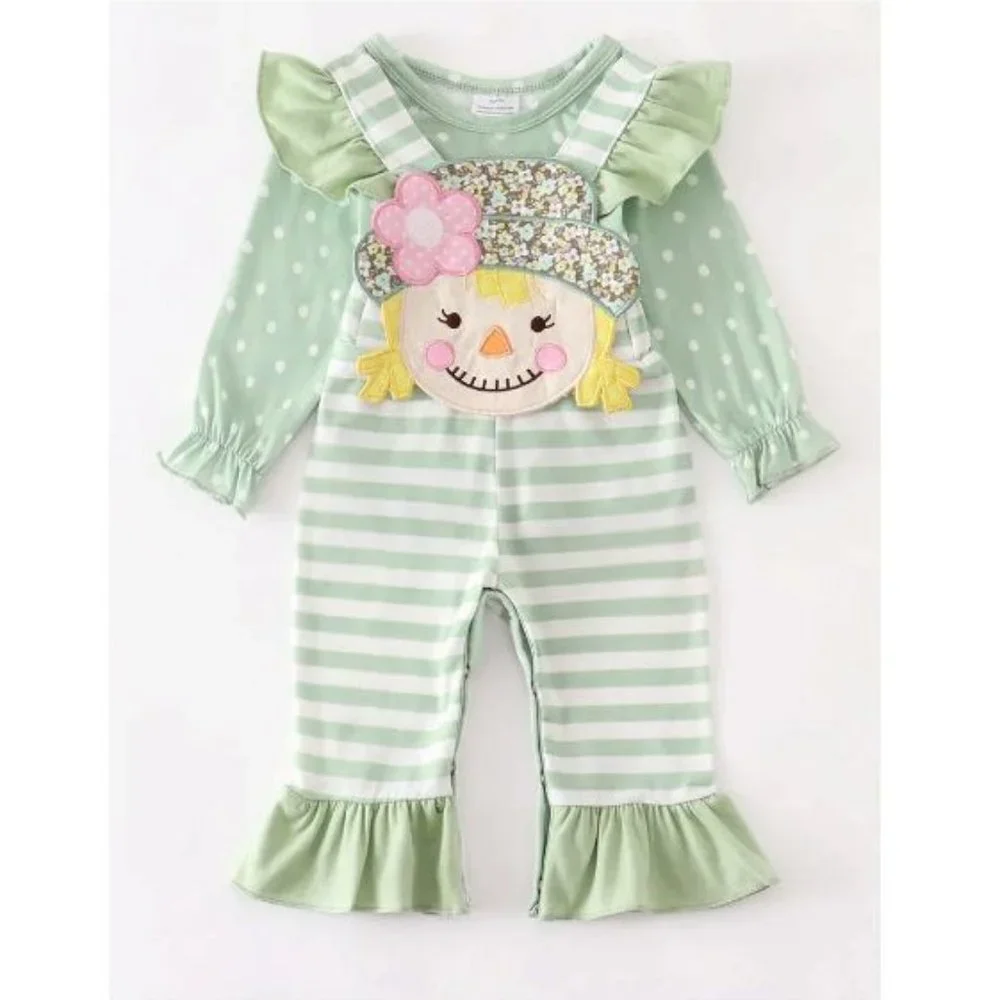 Boutique Scarecrow Baby Girls Suspender Overalls Outfit Set